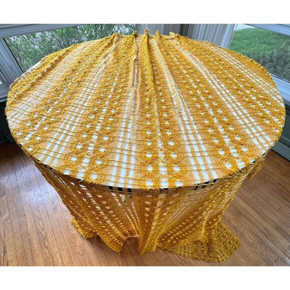 Vintage 70s pleated curtains, orange mesh, open weave geometric, pair - Picture 5 of 10